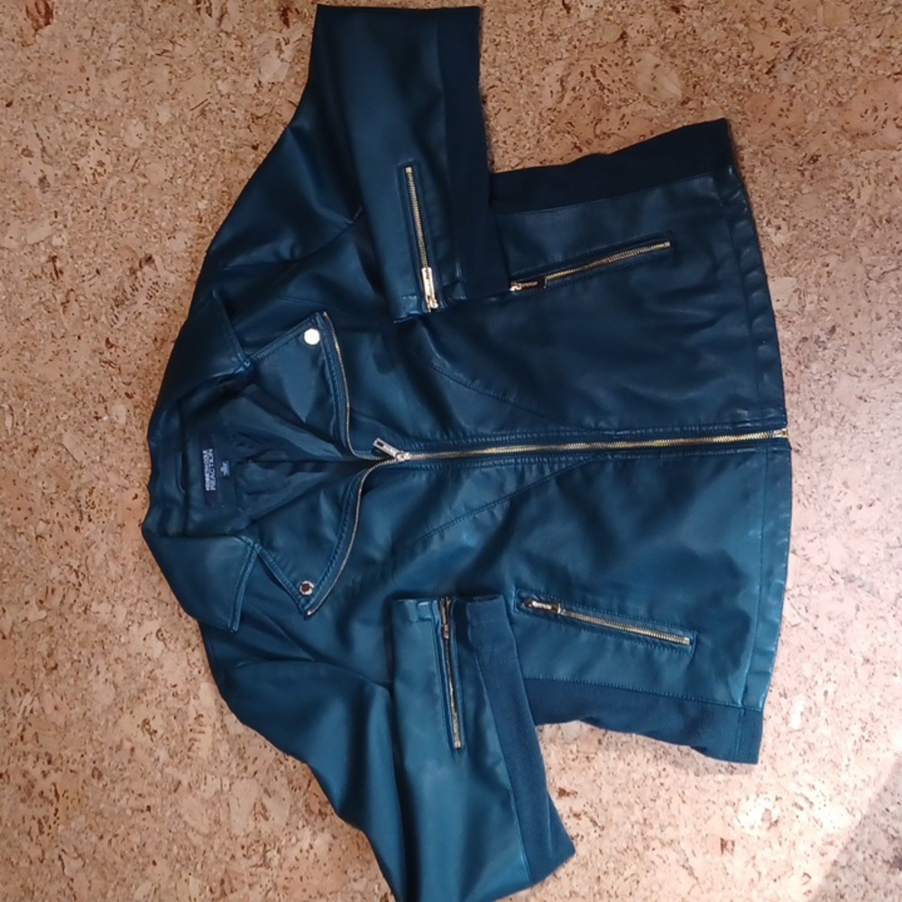 Kenneth Cole Women's Green Faux Leather & Ribbed Knit Biker Jacket Size XL